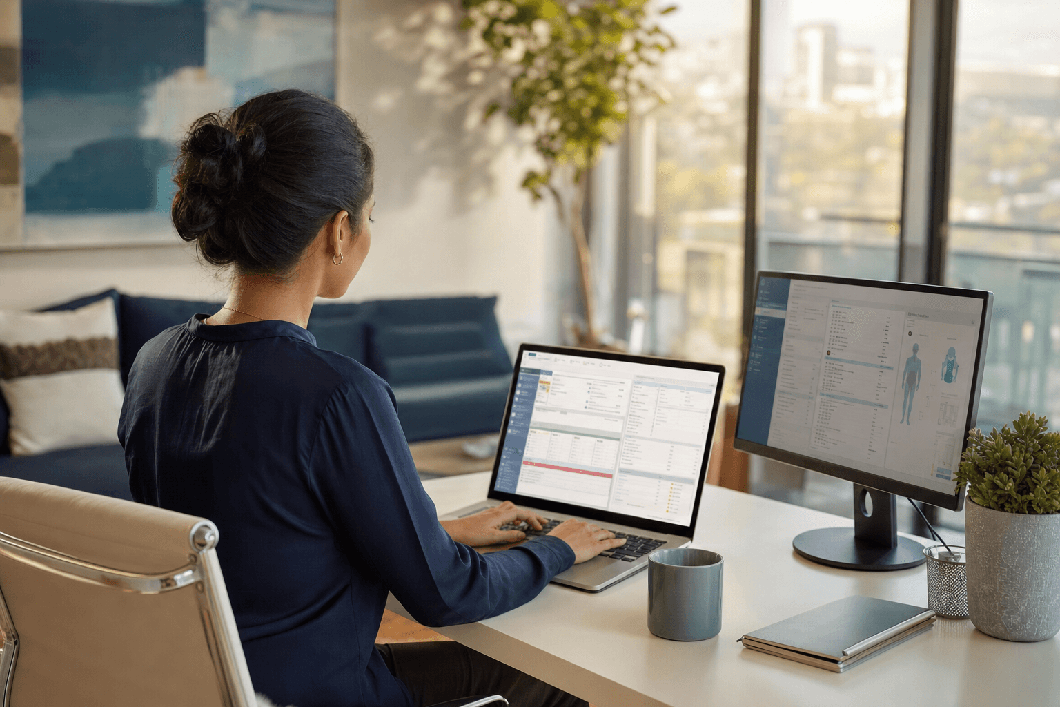 A health care administration professional works remotely from a bright home office, reviewing medical records and coding software on a laptop and secondary monitor.