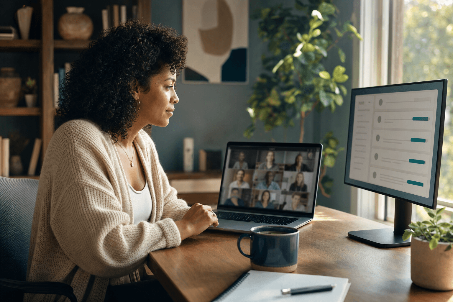 Student attending a live online class from a home office, with course modules visible on a second screen